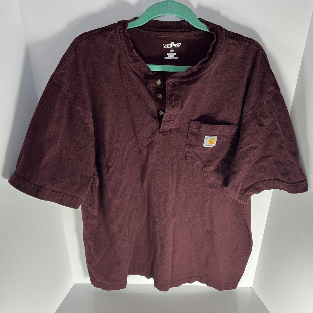 VTG Carhartt Mens Loose Fit Heavyweight Short Sleeve Pocket Henley XL Maroon GUC